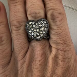 Vtg Y2K Rhinestone Heart Stretchy Ring